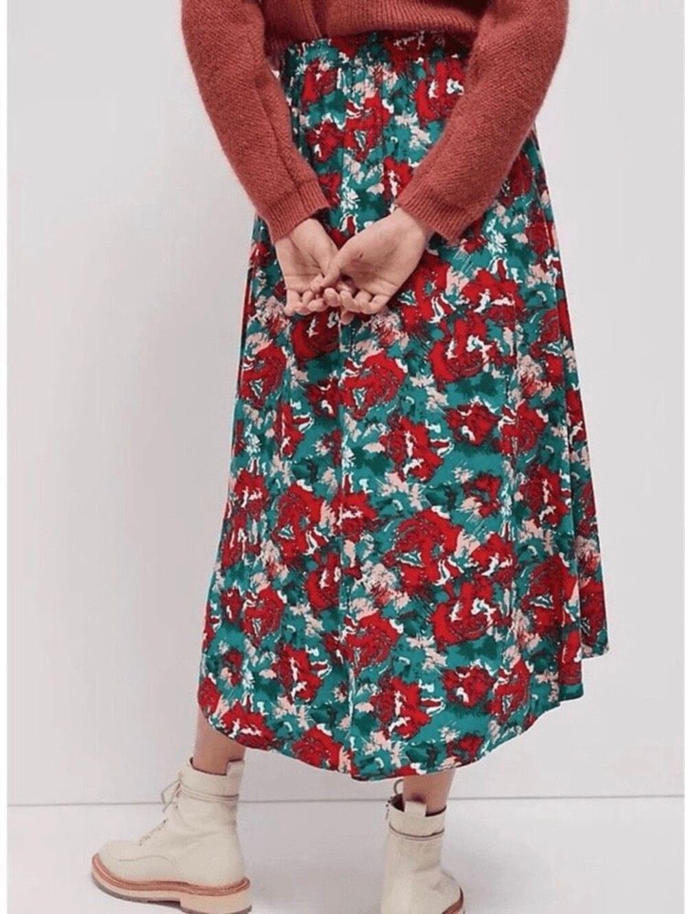 NEW Anthropologie Porridge Miley Red Green Ruffle High Low Skirt Womens XS - Picture 3 of 7